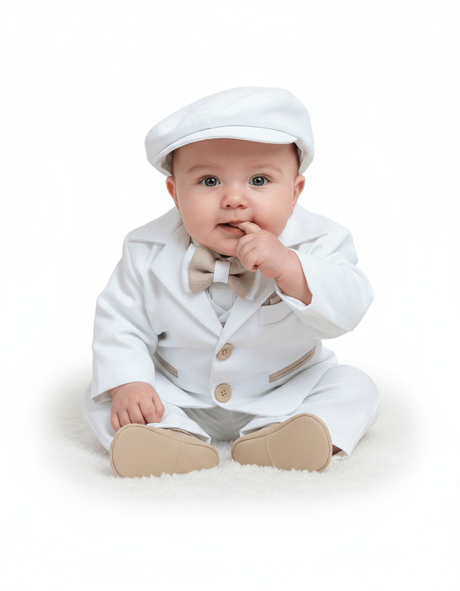 Costum elegant alb cu detalii crem potrivit pentru bebeluș - Kids Magazin