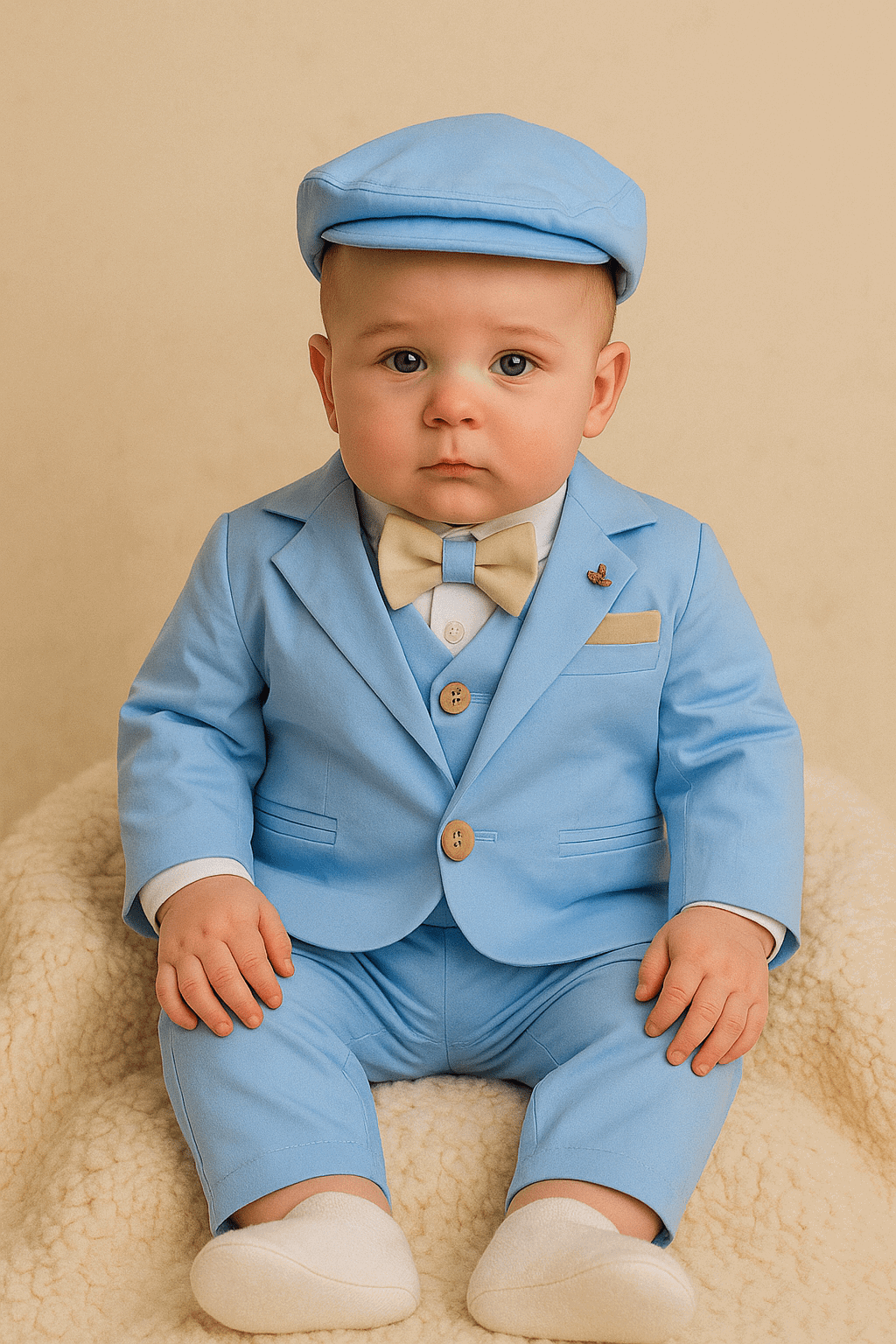 Costum elegant bleo cu detalii crem potrivit pentru bebeluș - Kids Magazin