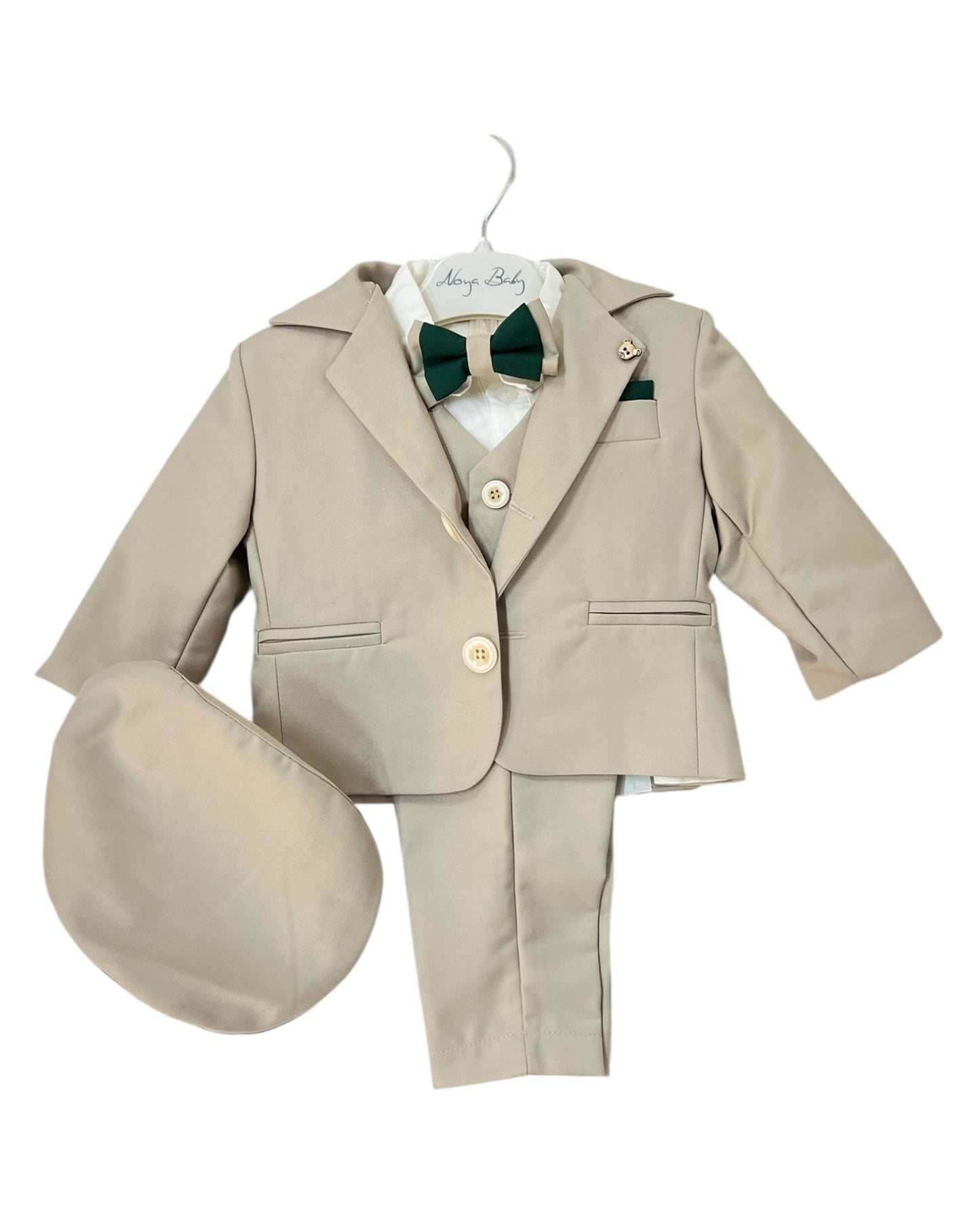 Costum elegant crem cu detalii verzi potrivit pentru bebeluș - Kids Magazin