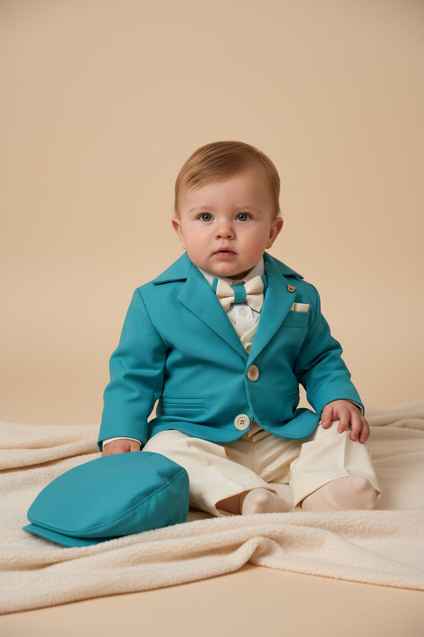 Costum elegant turqaz cu detalii crem potrivit pentru bebeluș - Kids Magazin