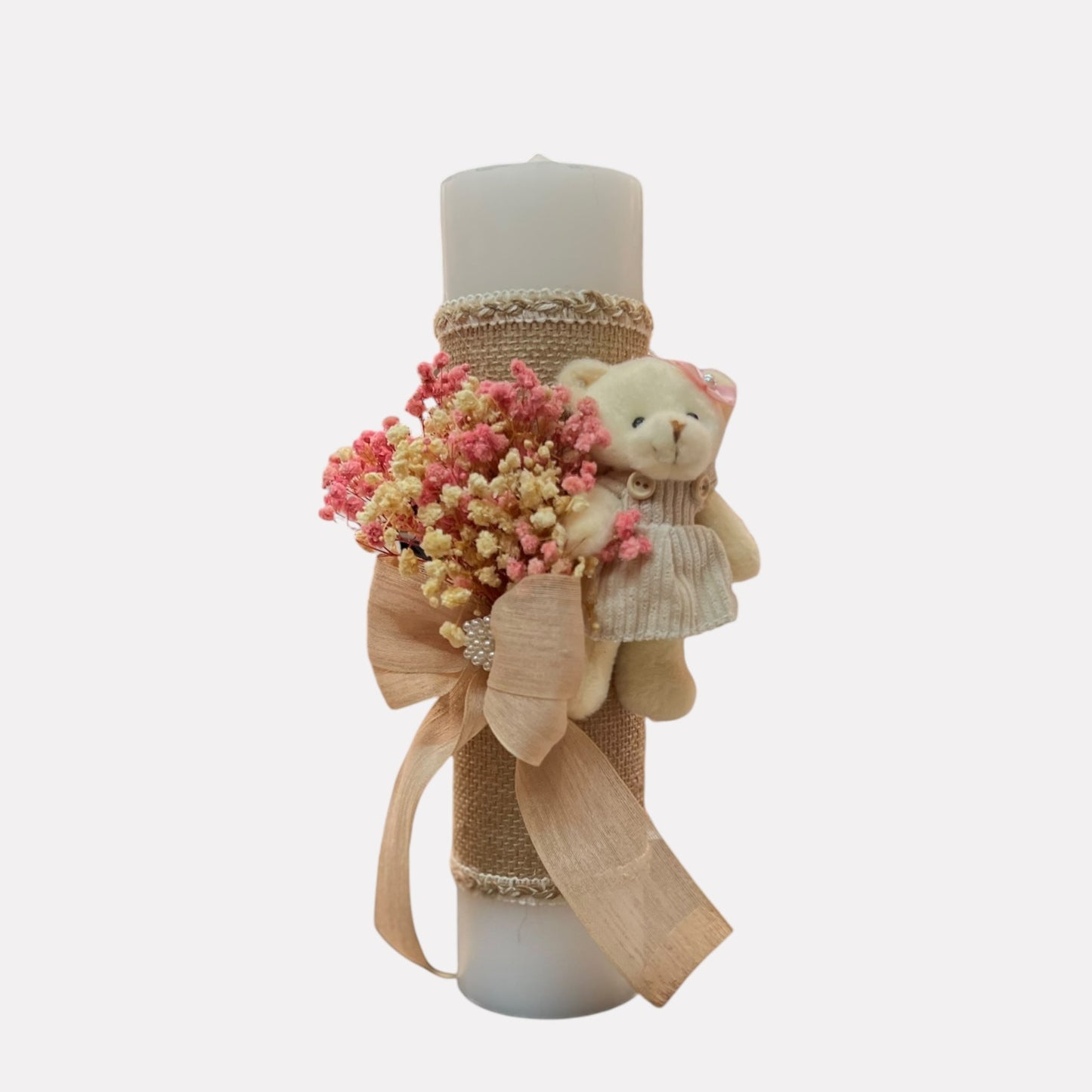 Lumânare artizanală cu decor natural – ursuleț și flori de câmp - Kids Magazin