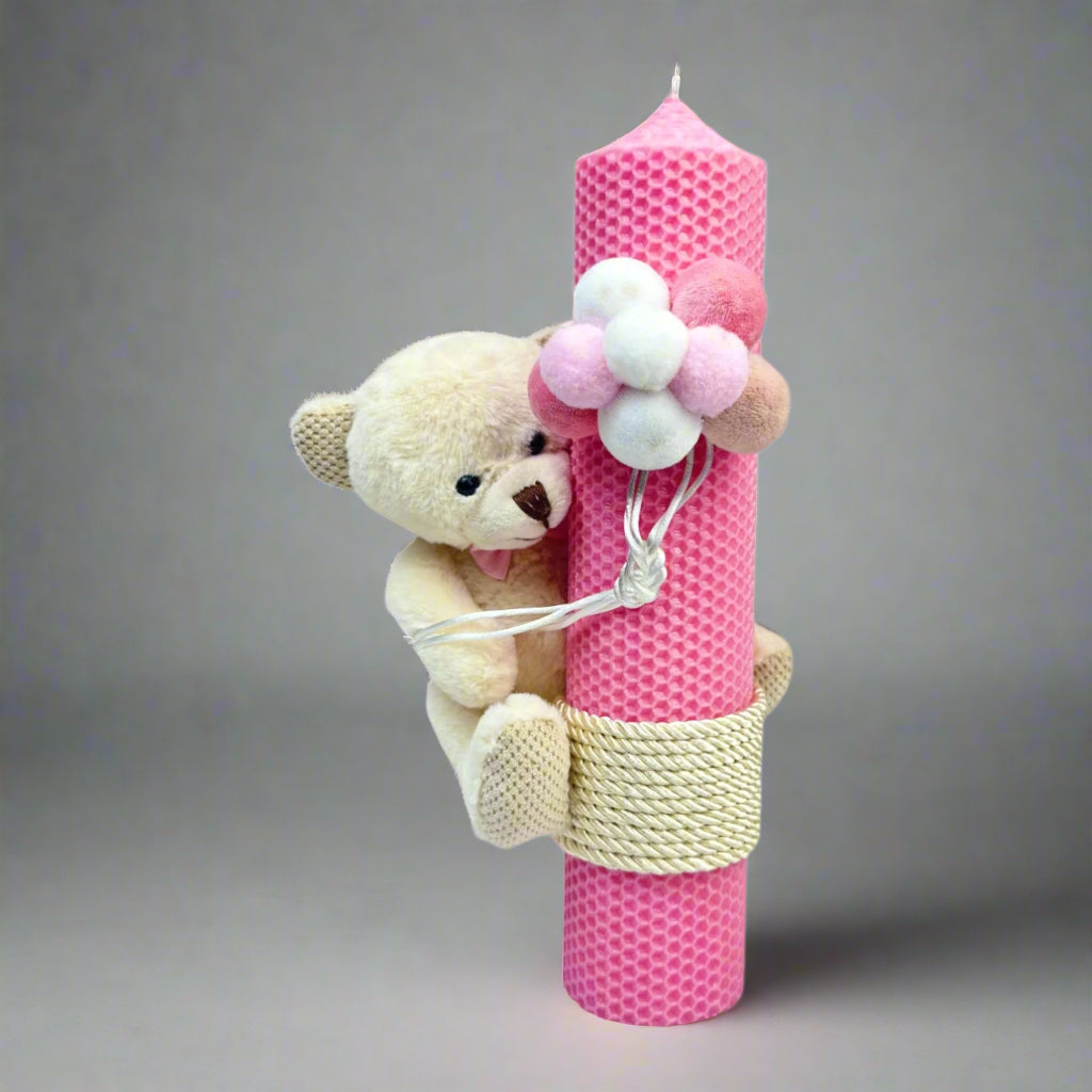 Lumânare decorativă fagure roz cu ursuleț și baloane din catifea - Kids Magazin
