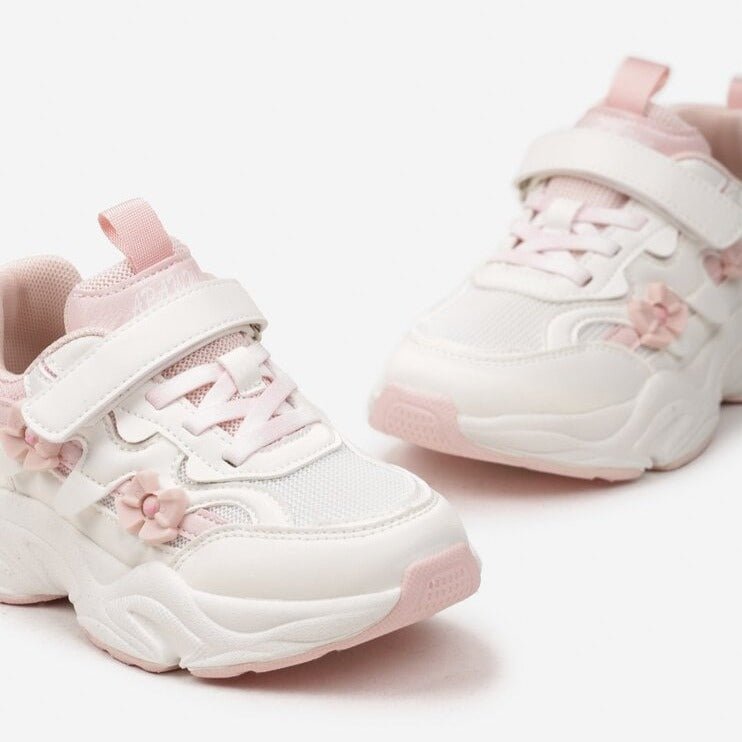 Pantofi sport albi cu floricele roz - Kids Magazin