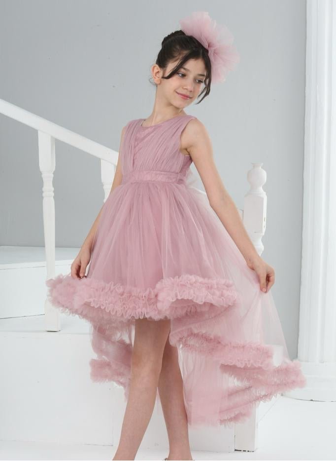 Rochie elegantă cu trenă și pampon roz pudră - Kids Magazin