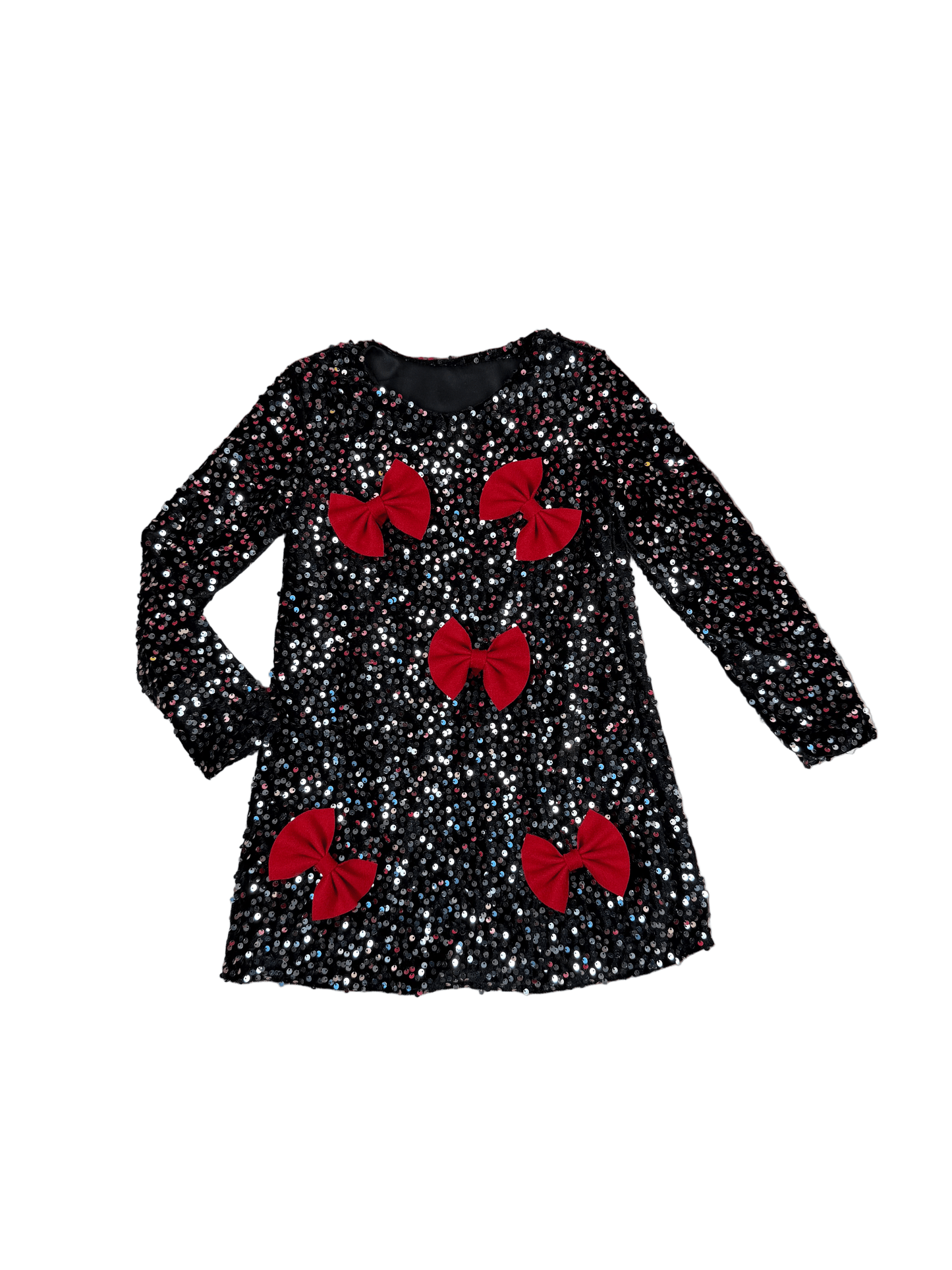 Rochie neagră cu paiete și fundițe roșii - Kids Magazin
