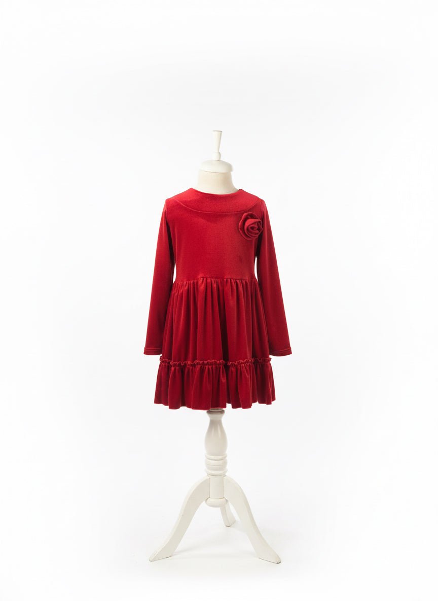 Rochie roșie din catifea cu broșă trandafir - Kids Magazin