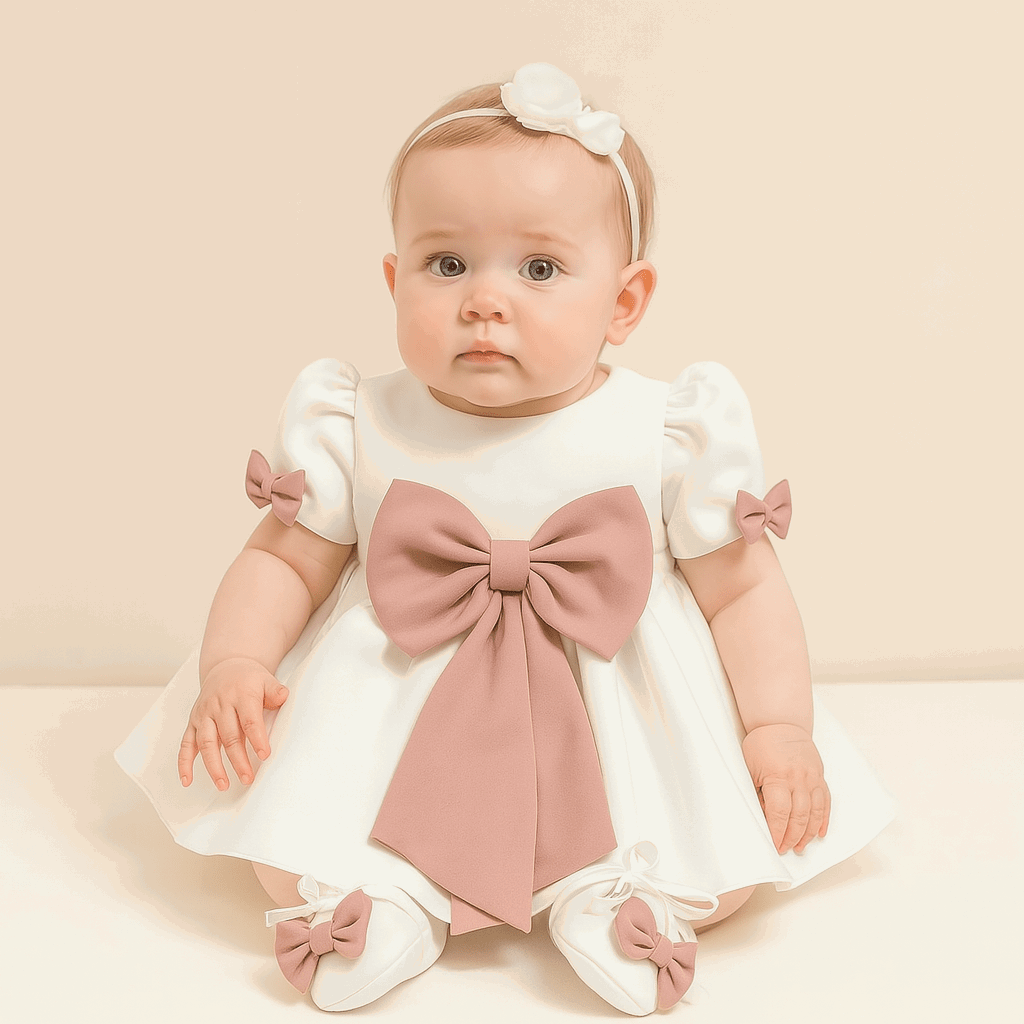 Rochiță elegantă pentru bebelușe albă cu funda roz - Kids Magazin