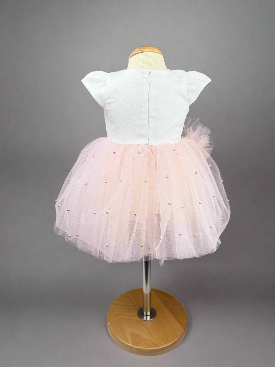 Rochita eleganta pentru bebelusi cu fulgi si perle roz - Kids Magazin