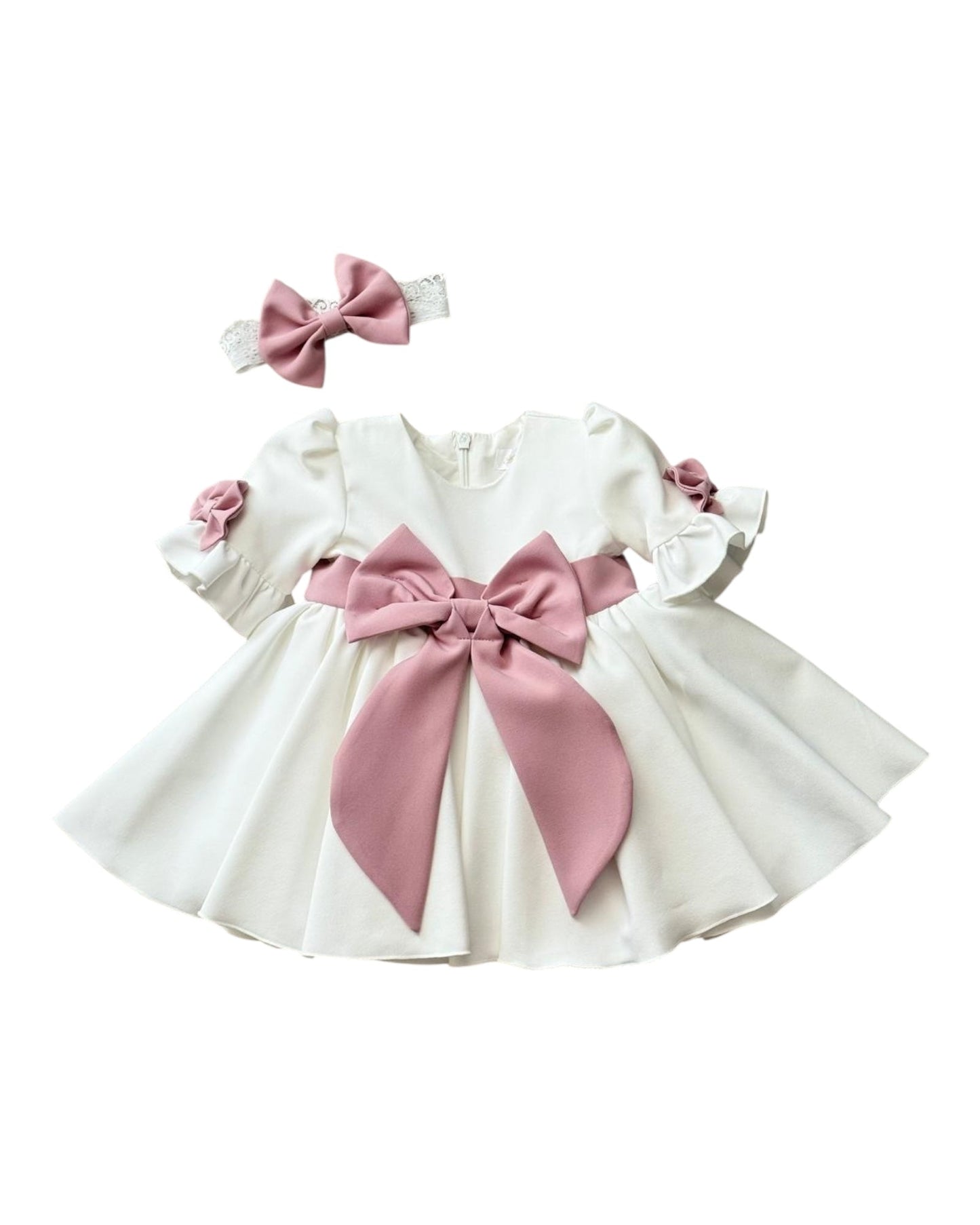 Rochita eleganta pentru bebelusi Irina - Rochita alba cu funde Roz - Kids Magazin