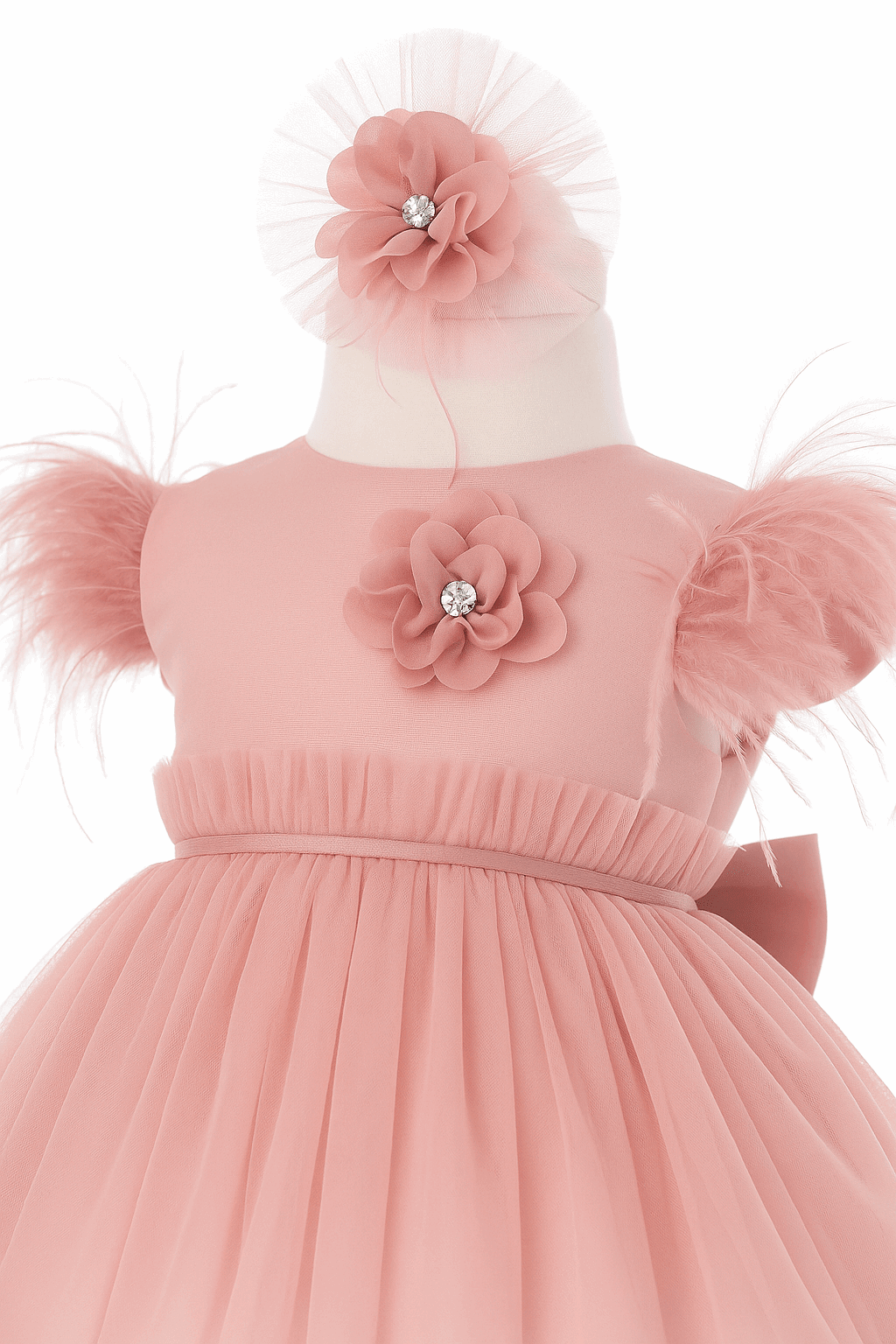 Rochiță fetiță roz pudrat cu pene și floricele – 0 - 9 luni - Kids Magazin