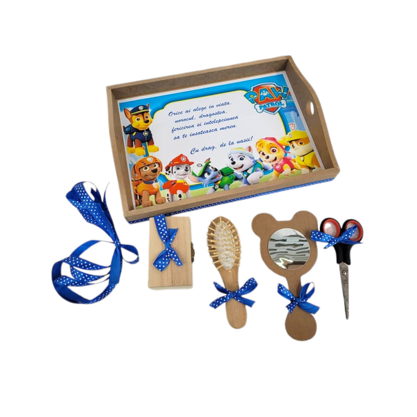 Set tava pentru taiere mot la băieți, model Patrula Catelusilor, albastru, 6 piese, 35x20 cm - Kids Magazin