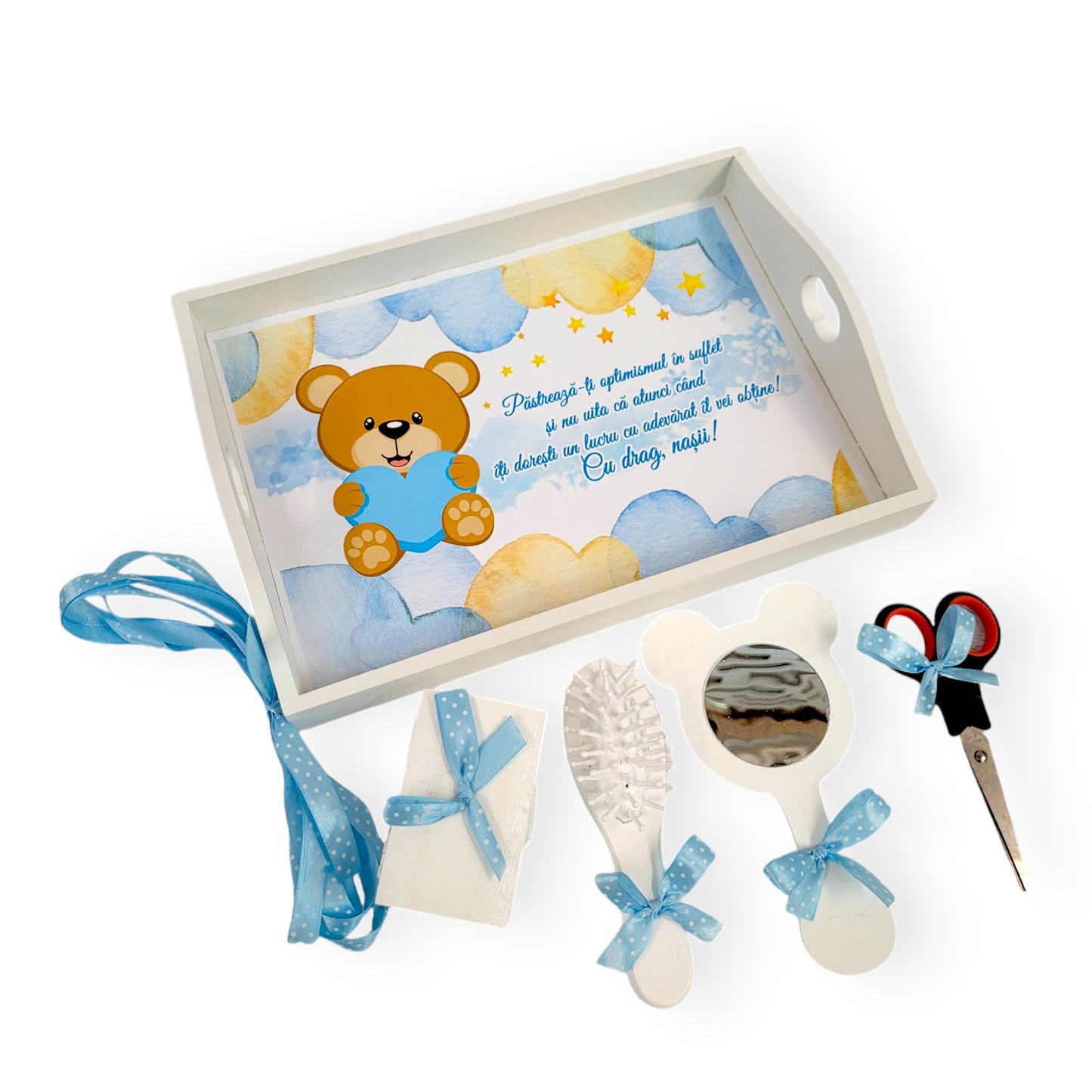 Set tava pentru taiere mot la baieti, Ursulet, tava alba cu accesorii bleu, 6 piese, 35x20 cm - Kids Magazin