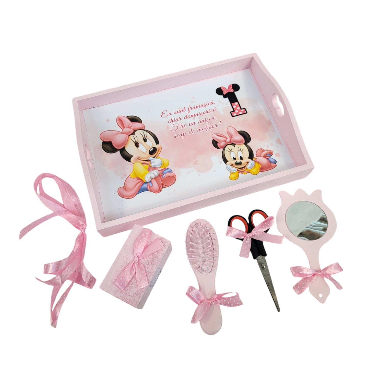 Set tava pentru taiere mot la fete, model Minnie, tava roz, 6 piese, 35x20 cm - Kids Magazin