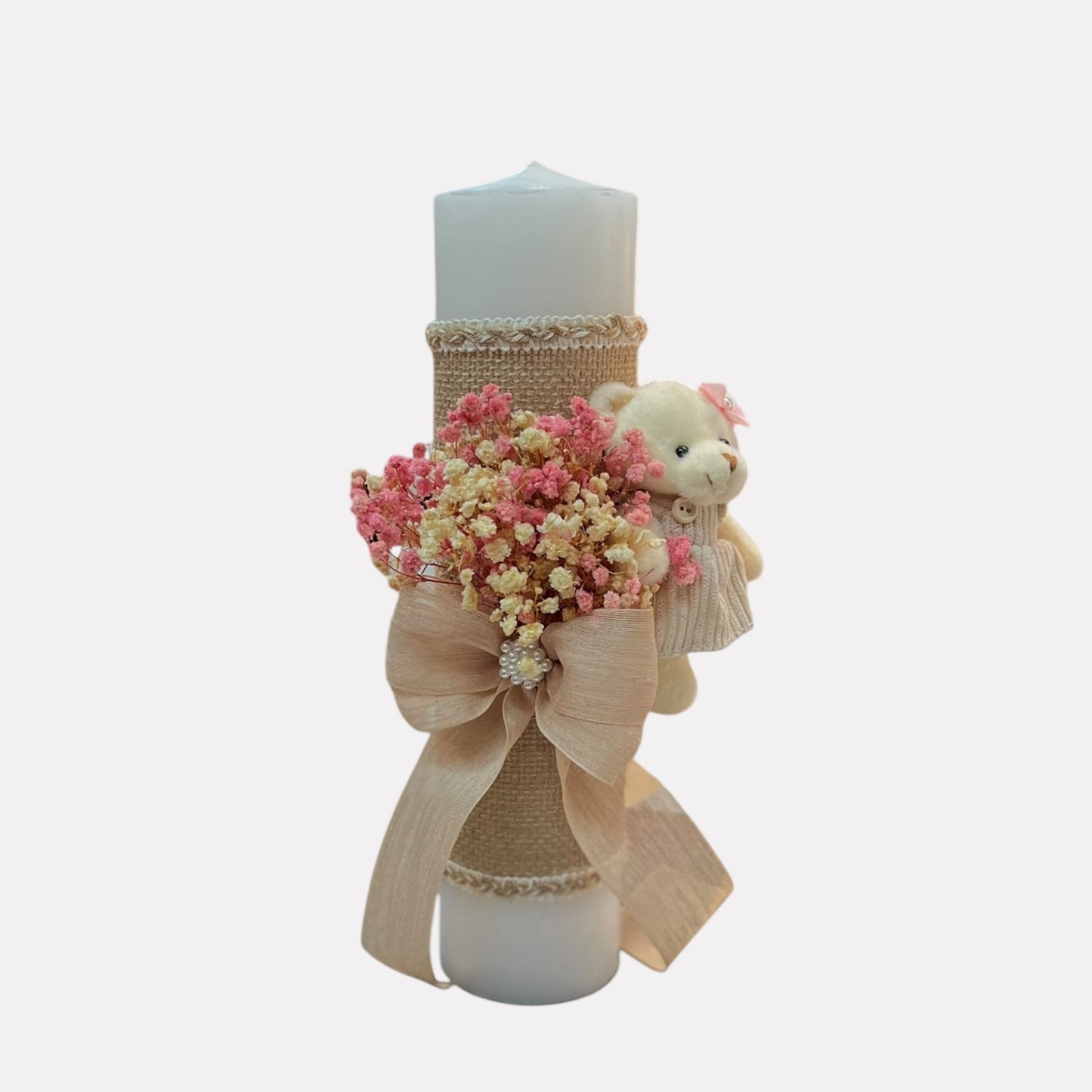 Set trusou și lumânare artizanală cu decor natural – ursuleț și flori de câmp - Kids Magazin