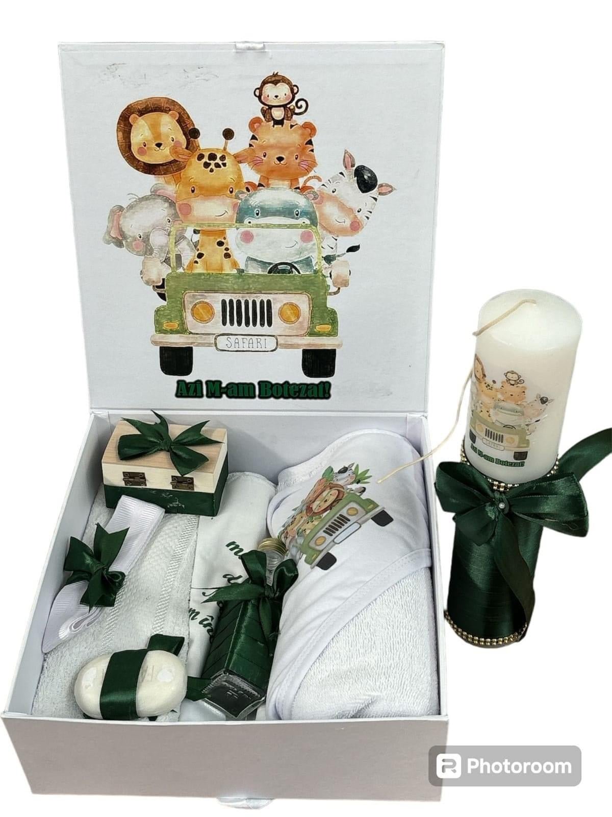 Set trusou și lumânare pentru botez, baieti, Animăluțe verde - Kids Magazin