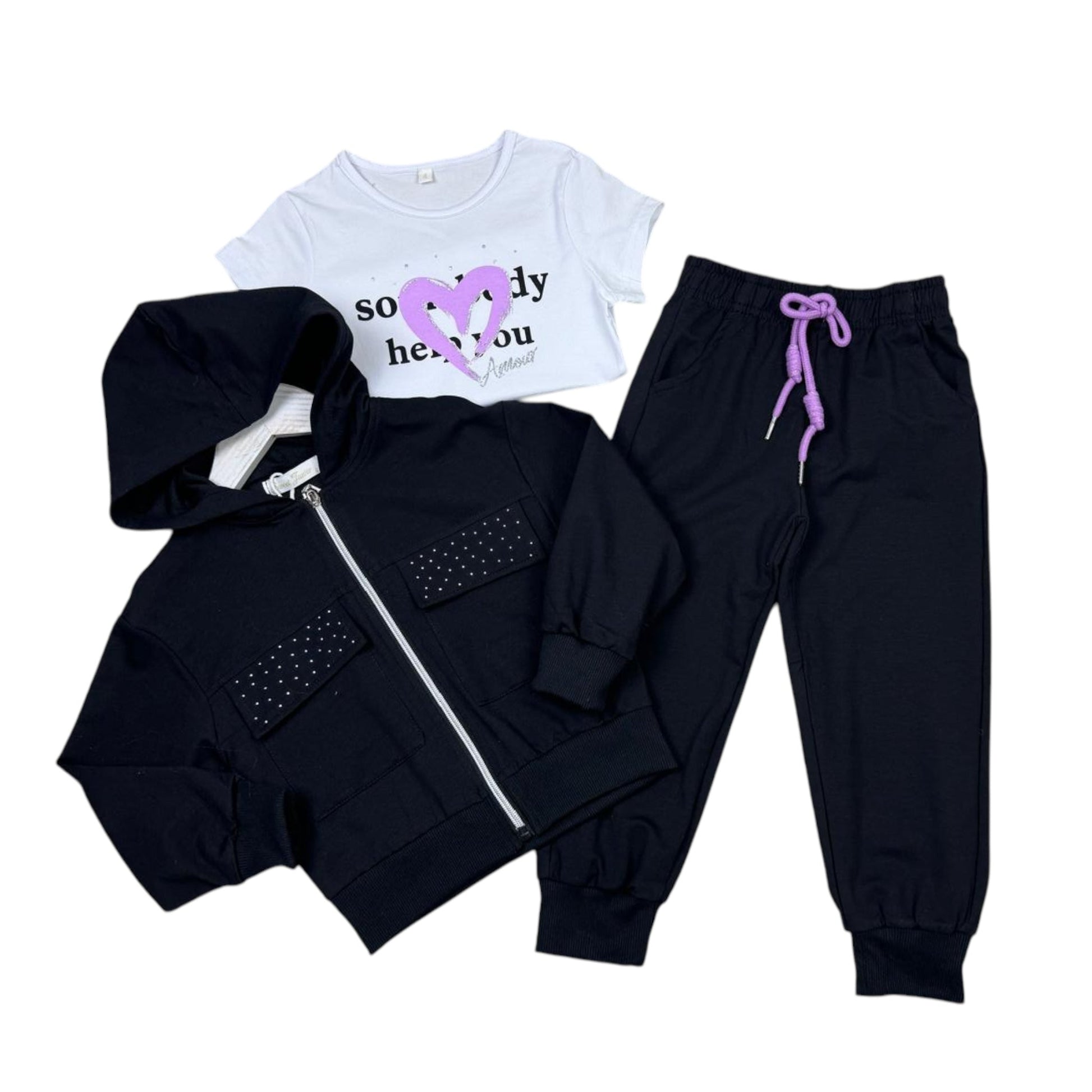 Trening negru cu strasuri 3 piese - Kids Magazin