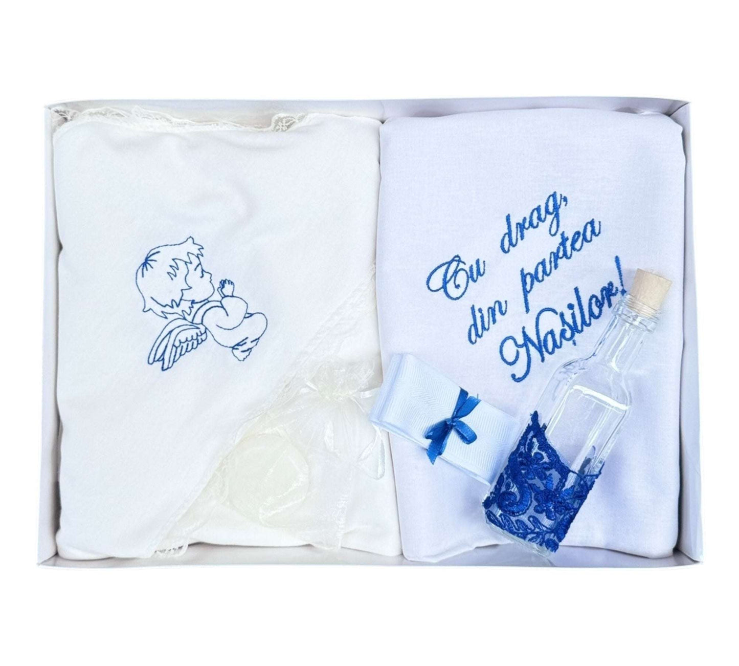 Trusou alb - albastru electric pentru botez, "Cu drag din partea nasilor",6 piese - Kids Magazin
