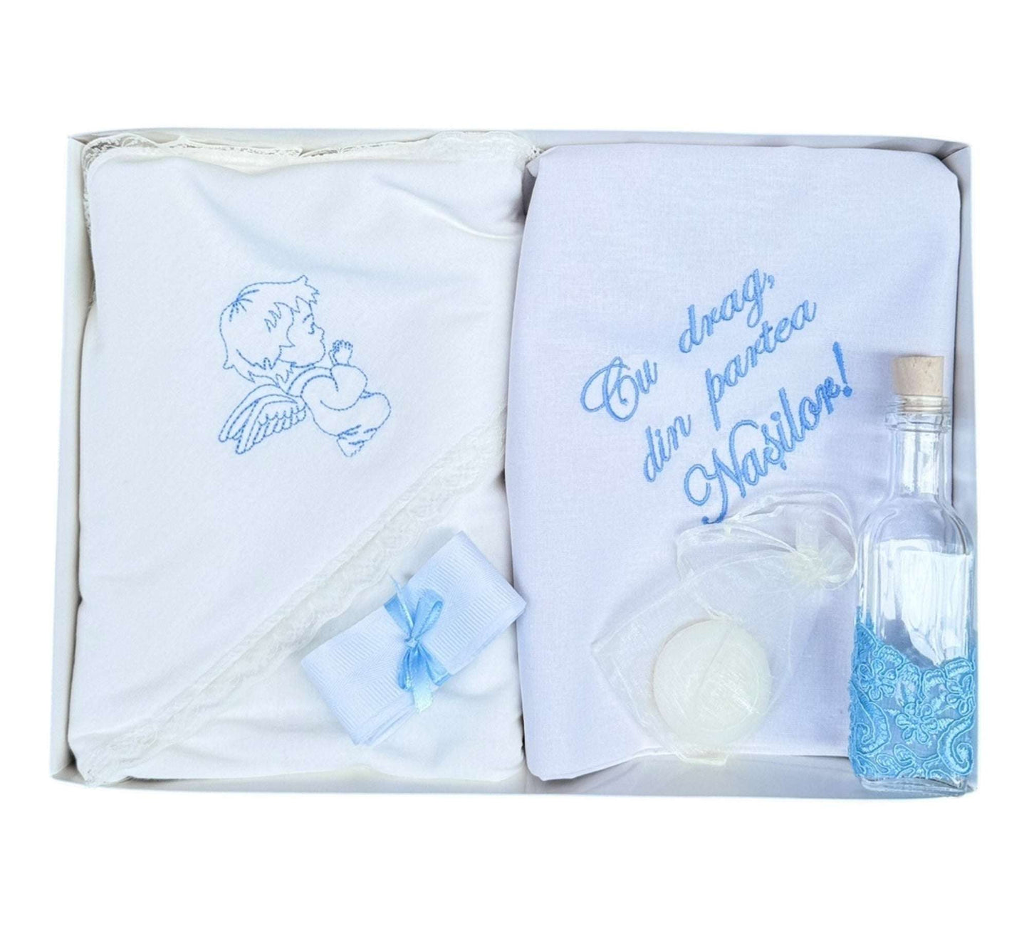 Trusou alb - bleo pentru botez, "Cu drag din partea nasilor",6 piese - Kids Magazin