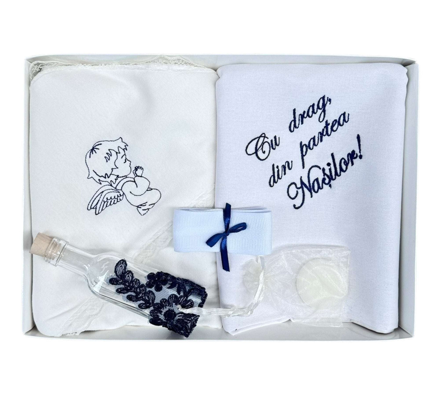 Trusou alb - bleomarin pentru botez, "Cu drag din partea nasilor",6 piese - Kids Magazin
