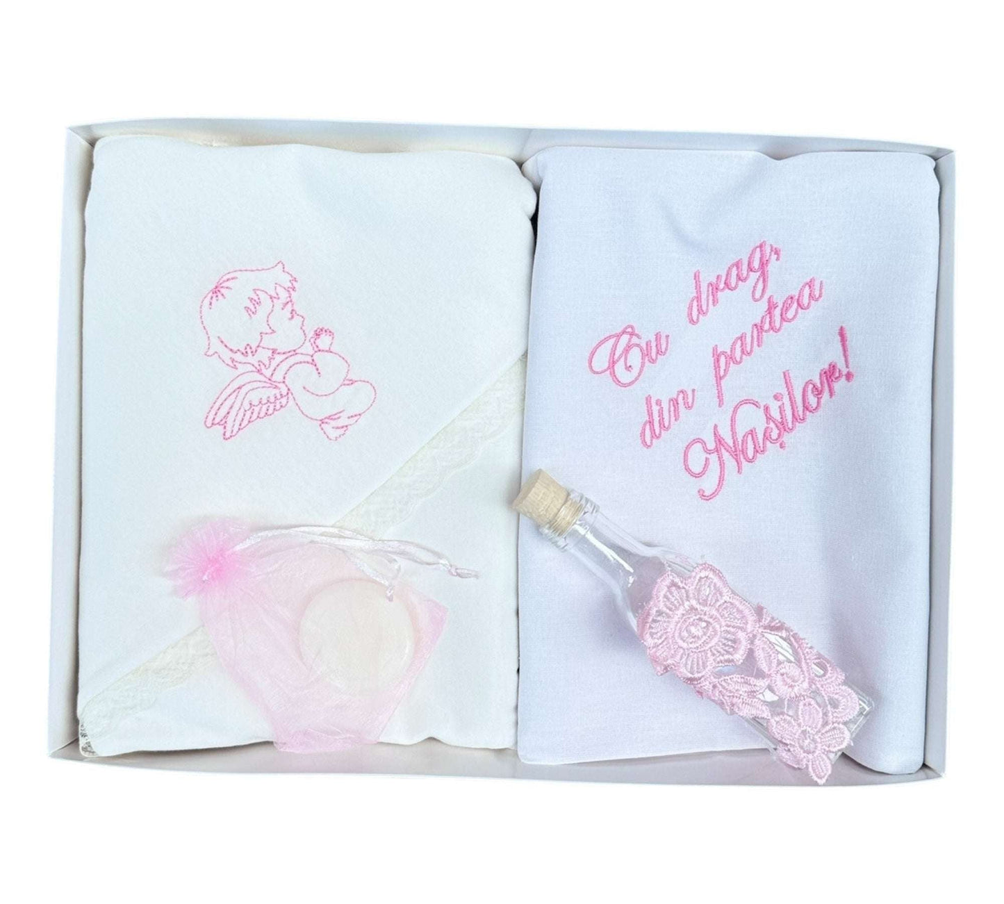 Trusou alb - roz pentru botez, "Cu drag din partea nasilor",6 piese - Kids Magazin