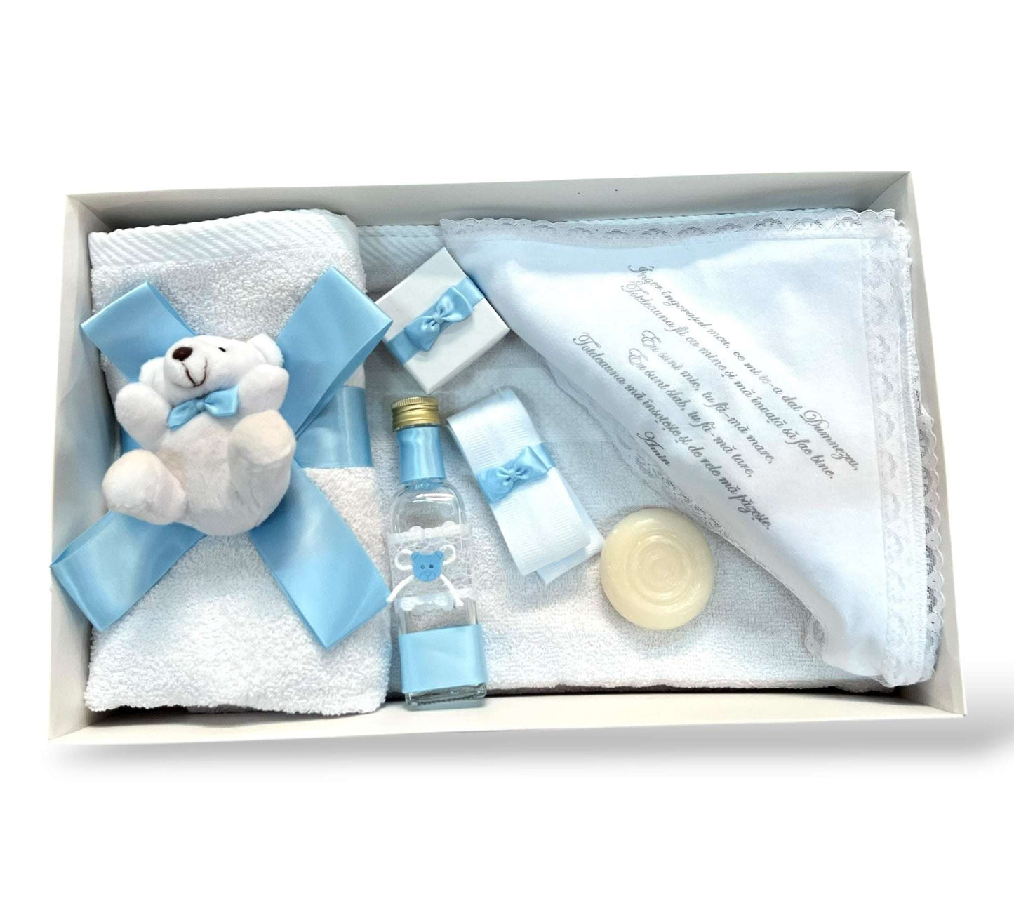 Trusou băiețel bleu cu ursuleț de pluș și funde satin - Kids Magazin