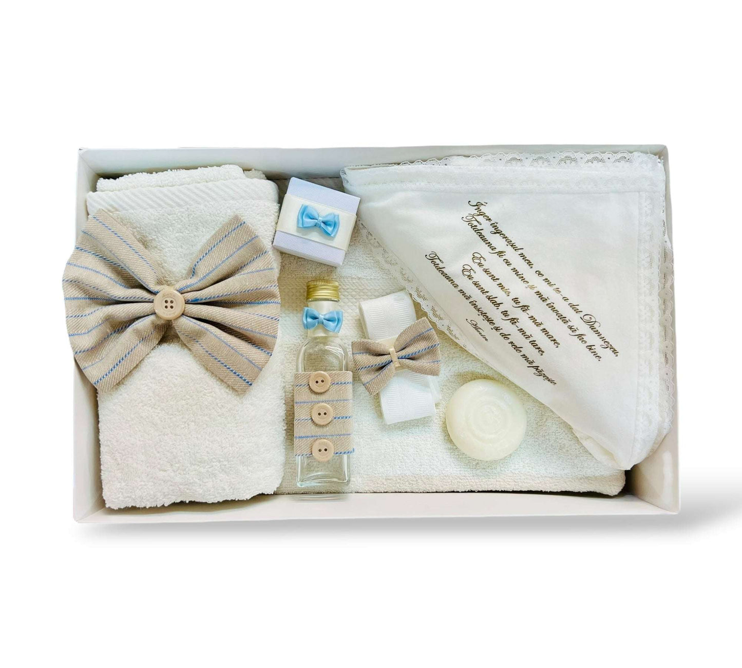 Trusou băiețel cu fundițe bej cu dungi albastre și nasturi crem - Kids Magazin