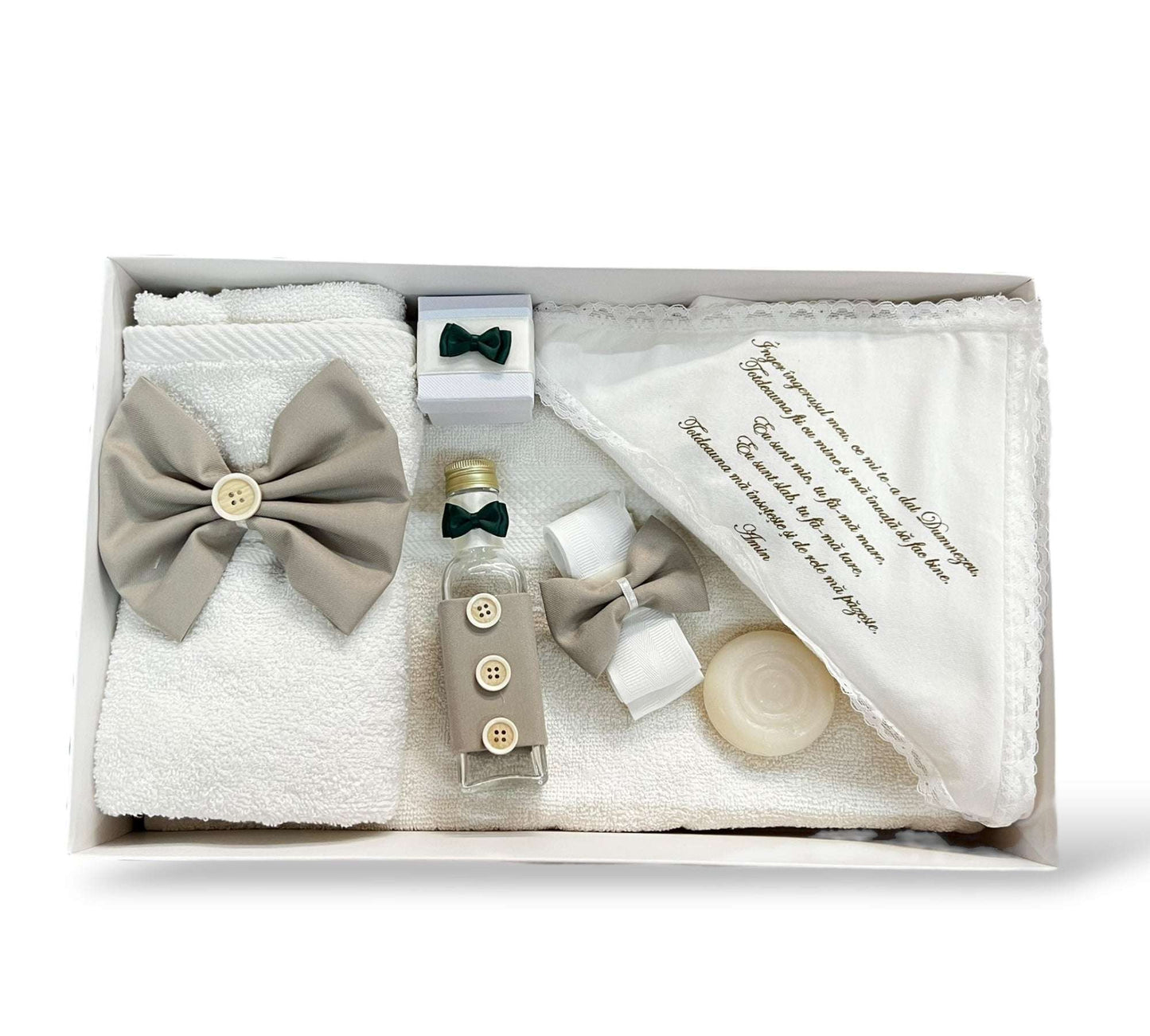 Trusou băiețel gri - bej cu fundițe verzi și nasturi crem - Kids Magazin