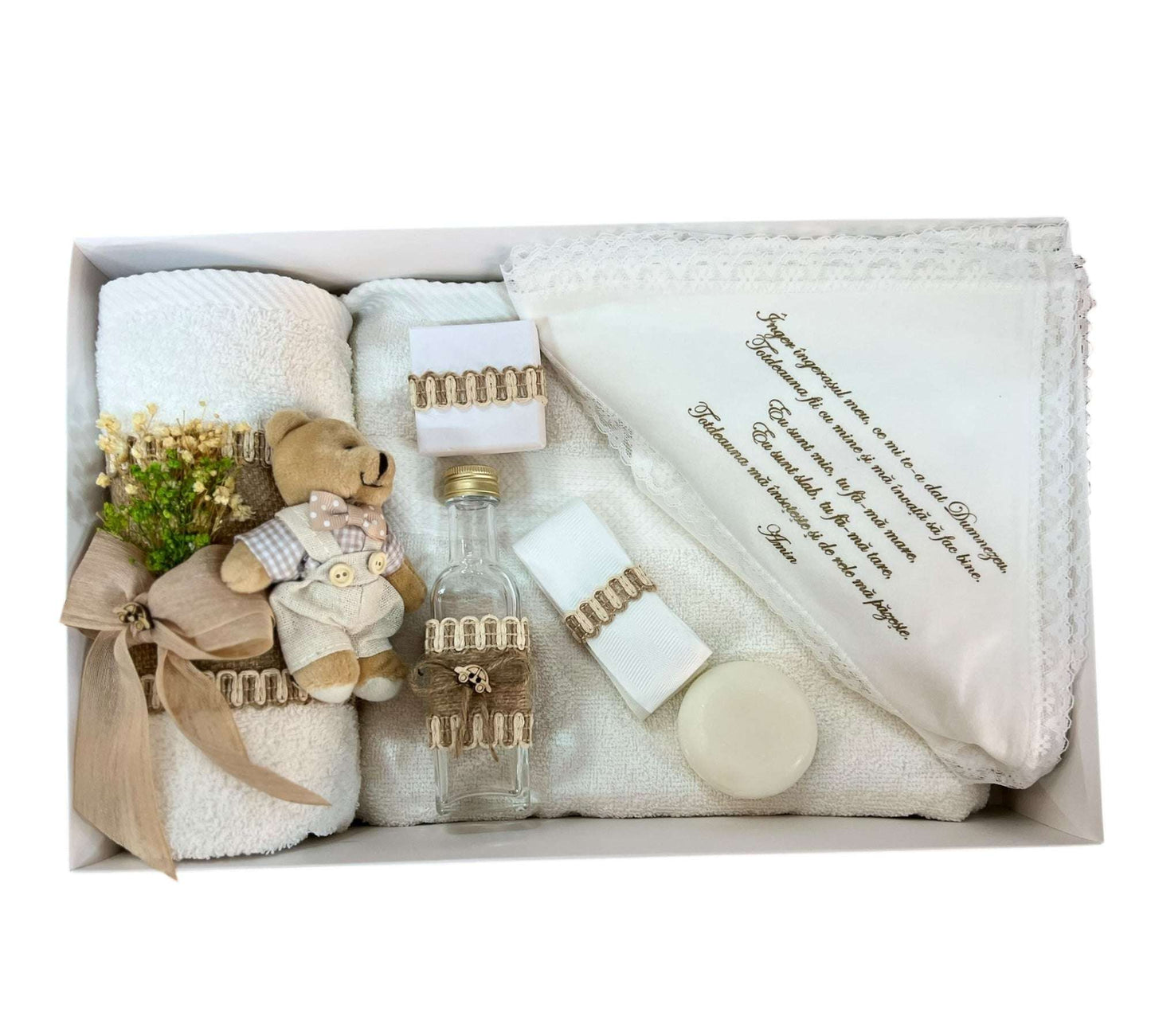 Trusou băiețel rustic cu ursuleț, flori uscate și broderie dantelată - Kids Magazin