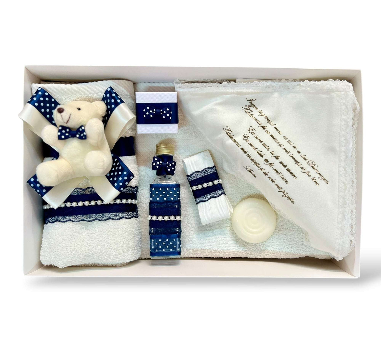 Trusou cu Ursuleț alb si detlii bleomarin - Kids Magazin