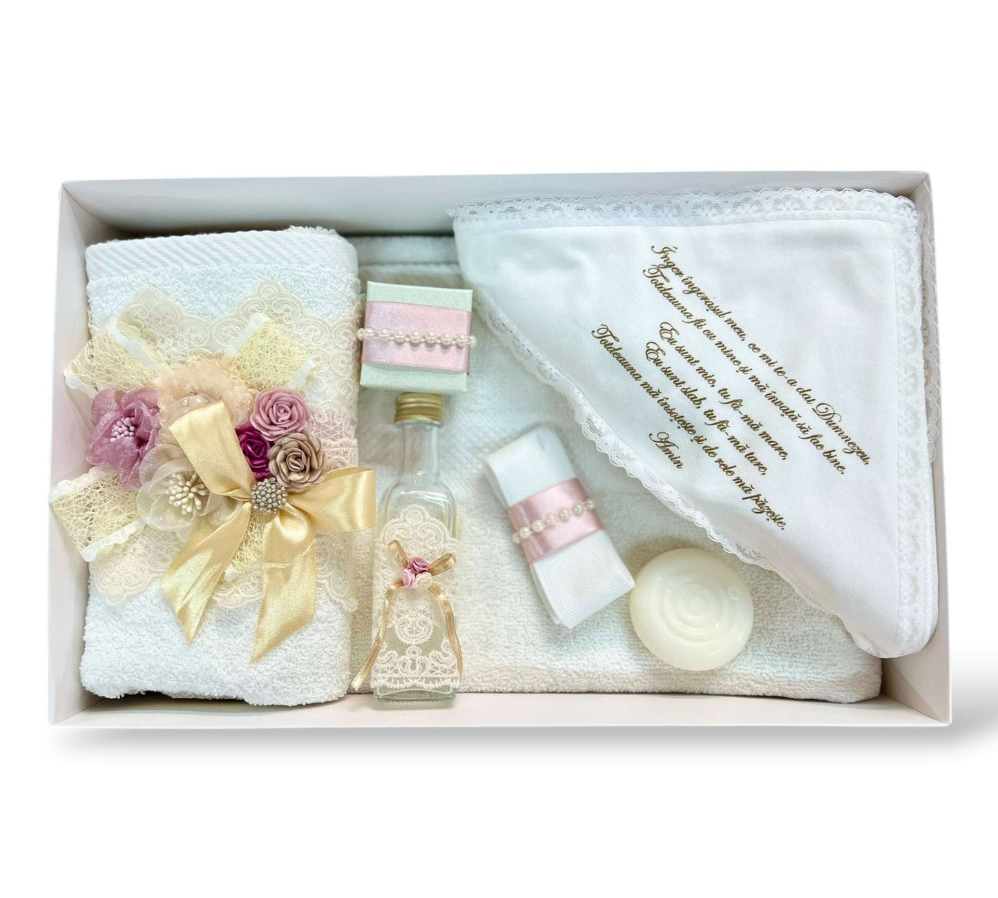 Trusou fetiță crem - roz cu flori din material textil, fundă satinată și dantelă - Kids Magazin