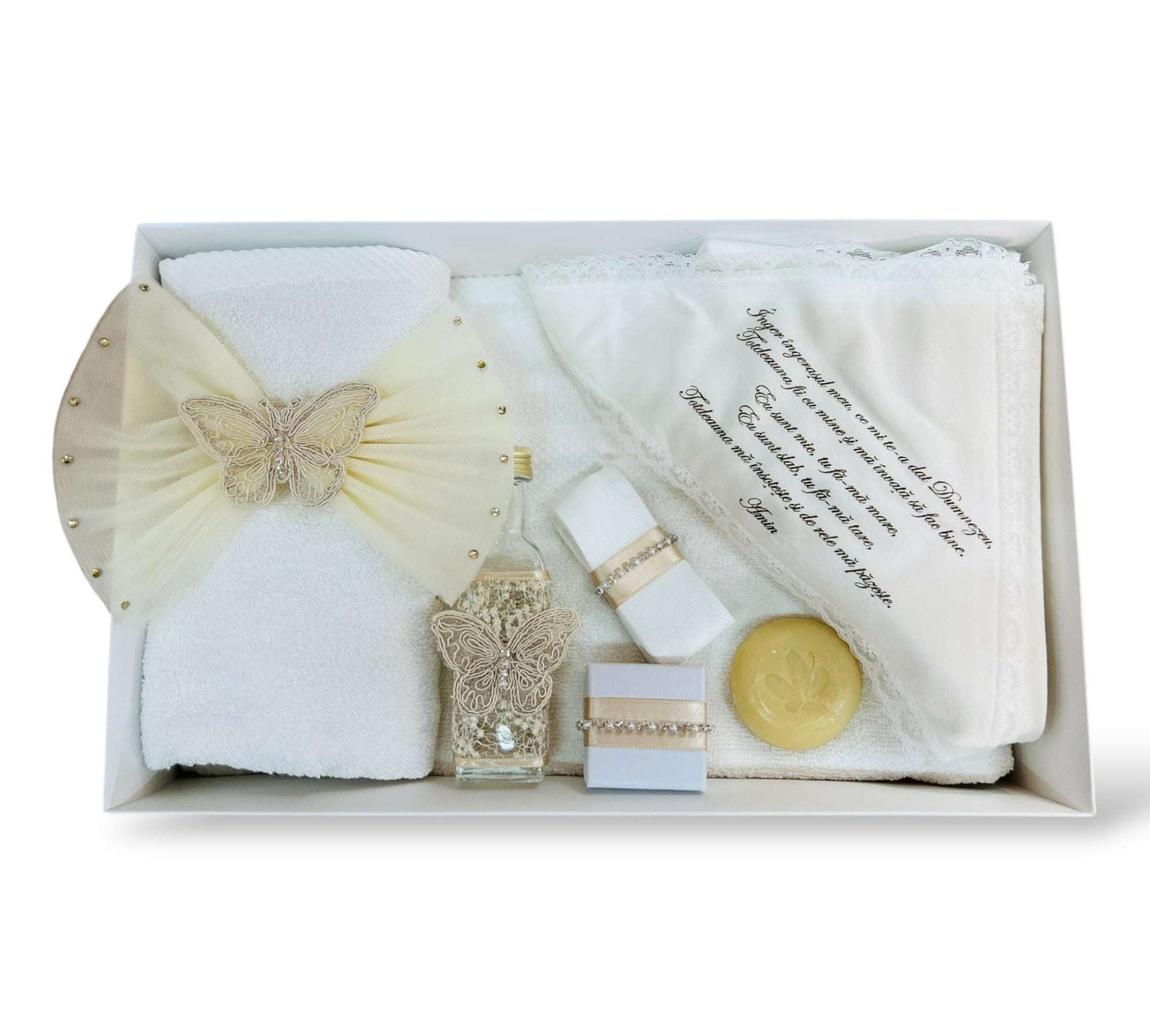 Trusou fetiță ivoire elegant cu fluture brodat, perlute și panglici sidefate - Kids Magazin