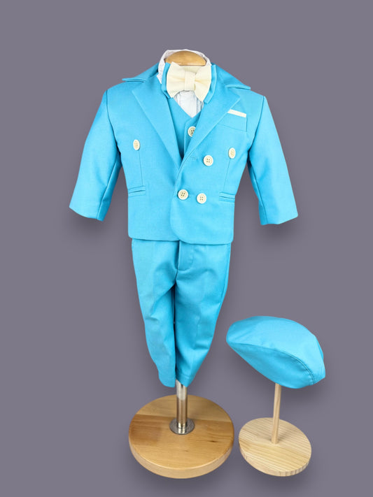 Costum elegant băiețel bleu turcoaz cu vestă, papion crem și beretă asortată