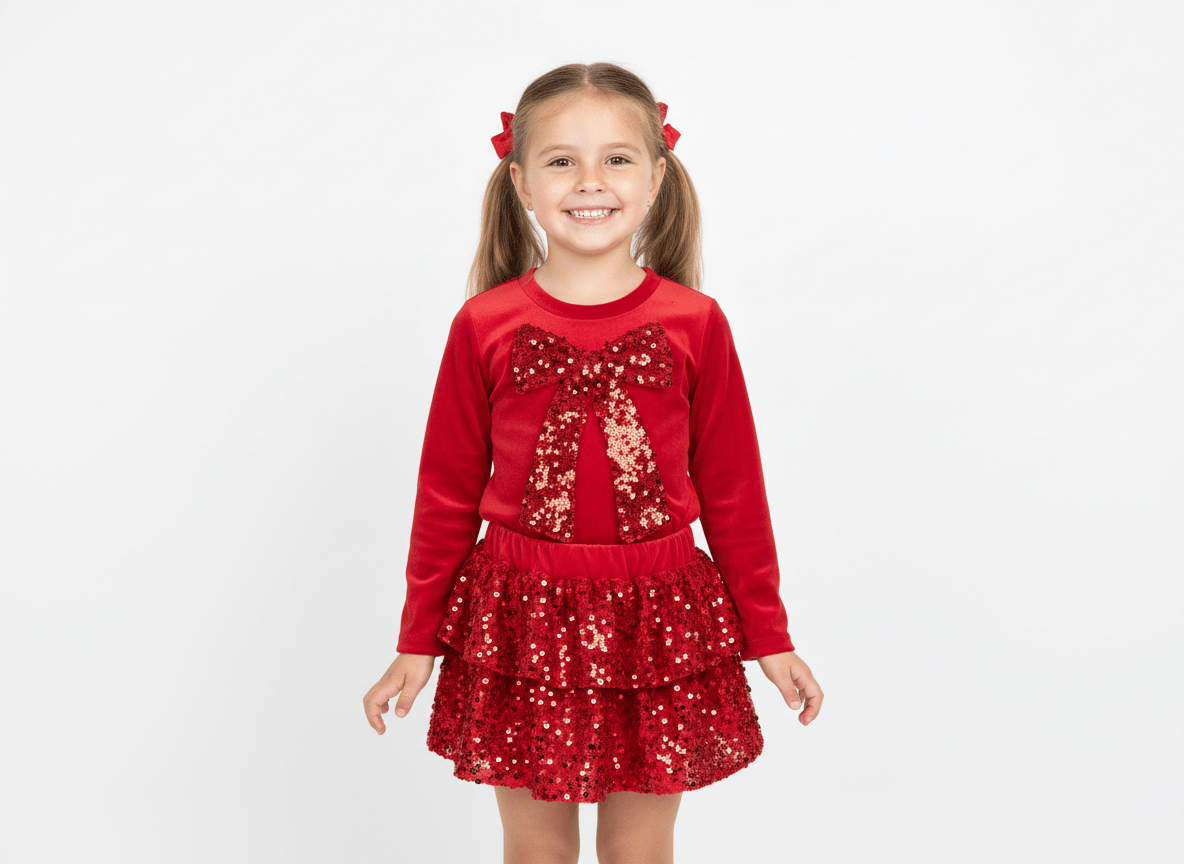 Compleu roșu cu fundiță și paiete - Kids Magazin