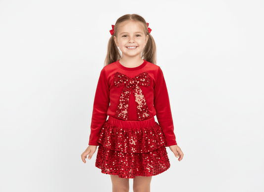 Compleu roșu cu fundiță și paiete - Kids Magazin