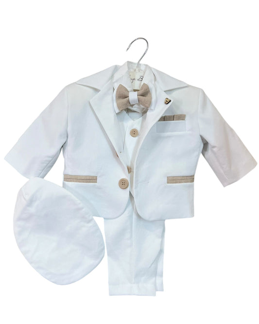Costum elegant alb cu detalii crem potrivit pentru bebeluș - Kids Magazin