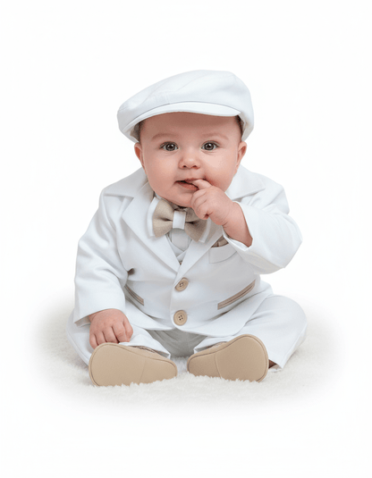 Costum elegant alb cu detalii crem potrivit pentru bebeluș - Kids Magazin