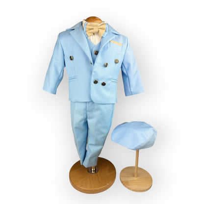 Costum elegant băiețel bleu ciel cu papion crem și beretă asortată - Kids Magazin