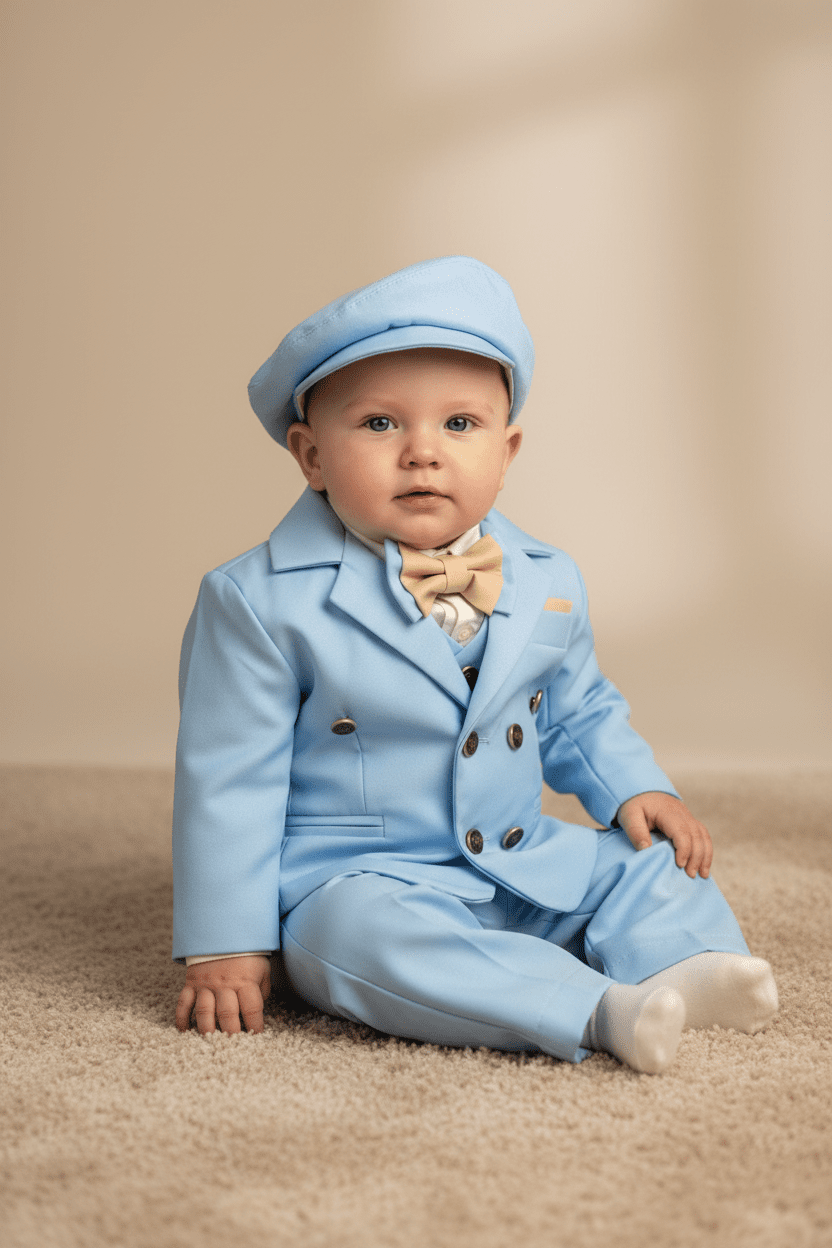 Costum elegant băiețel bleu ciel cu papion crem și beretă asortată - Kids Magazin