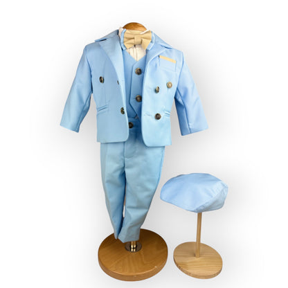 Costum elegant băiețel bleu ciel cu papion crem și beretă asortată - Kids Magazin