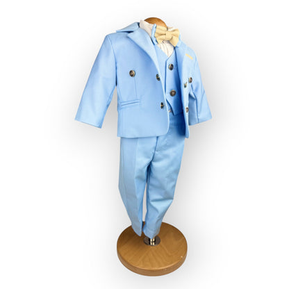 Costum elegant băiețel bleu ciel cu papion crem și beretă asortată - Kids Magazin