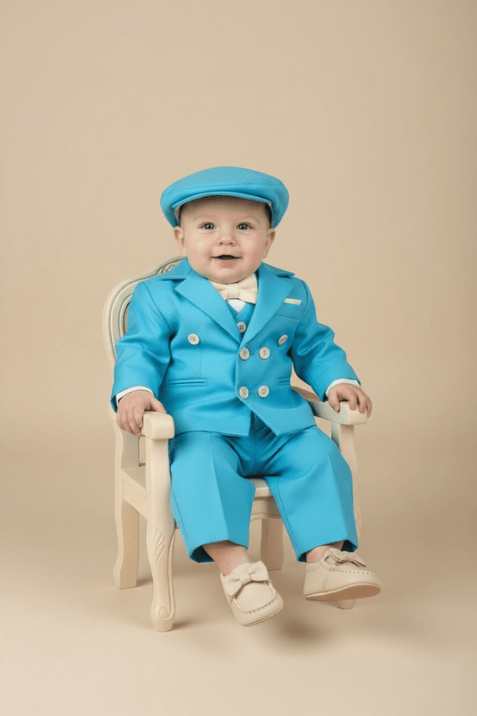 Costum elegant băiețel bleu turcoaz cu vestă, papion crem și beretă asortată - Kids Magazin
