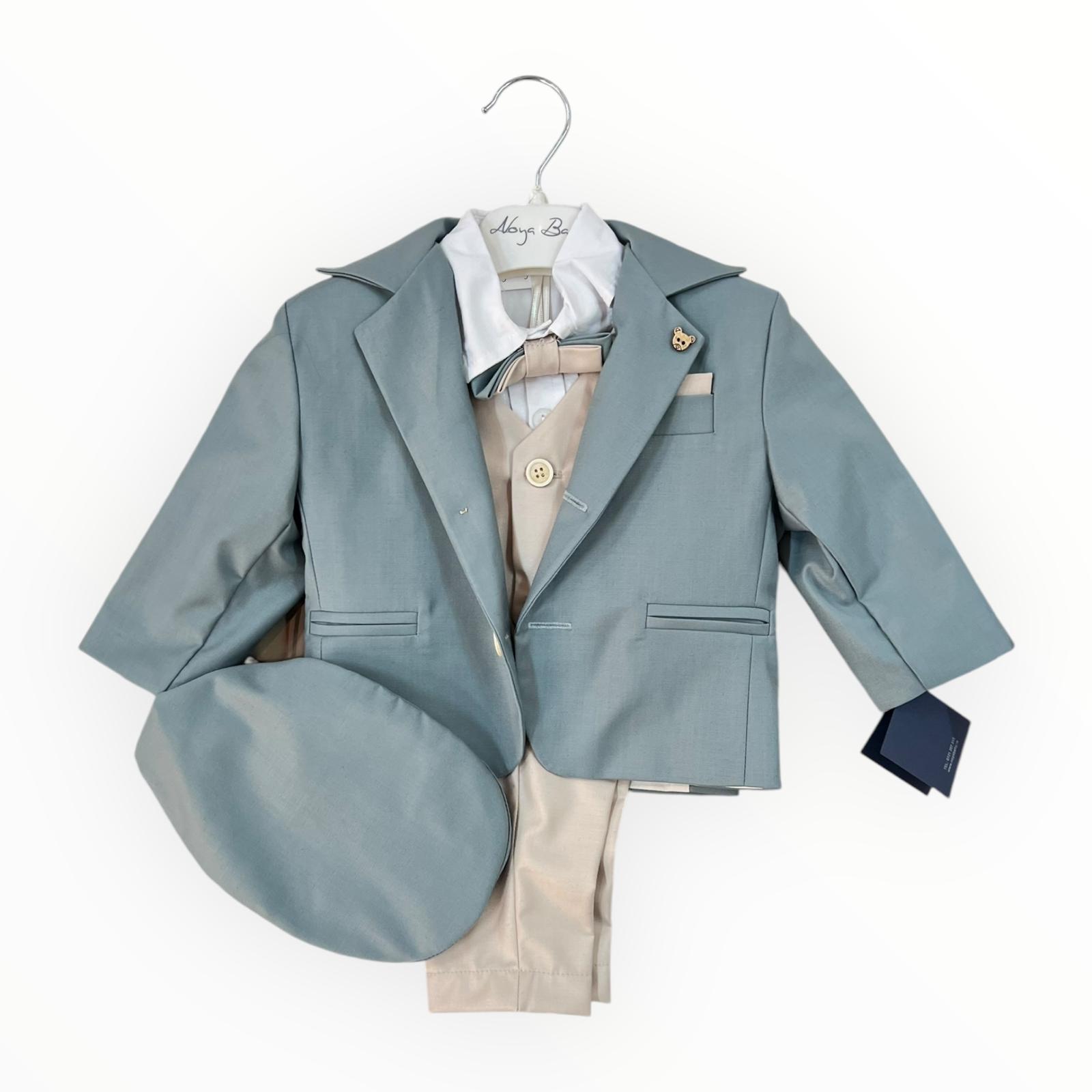 Costum elegant băiețel bleu - verzui cu vestă bej, papion și beretă – 5 piese - Kids Magazin
