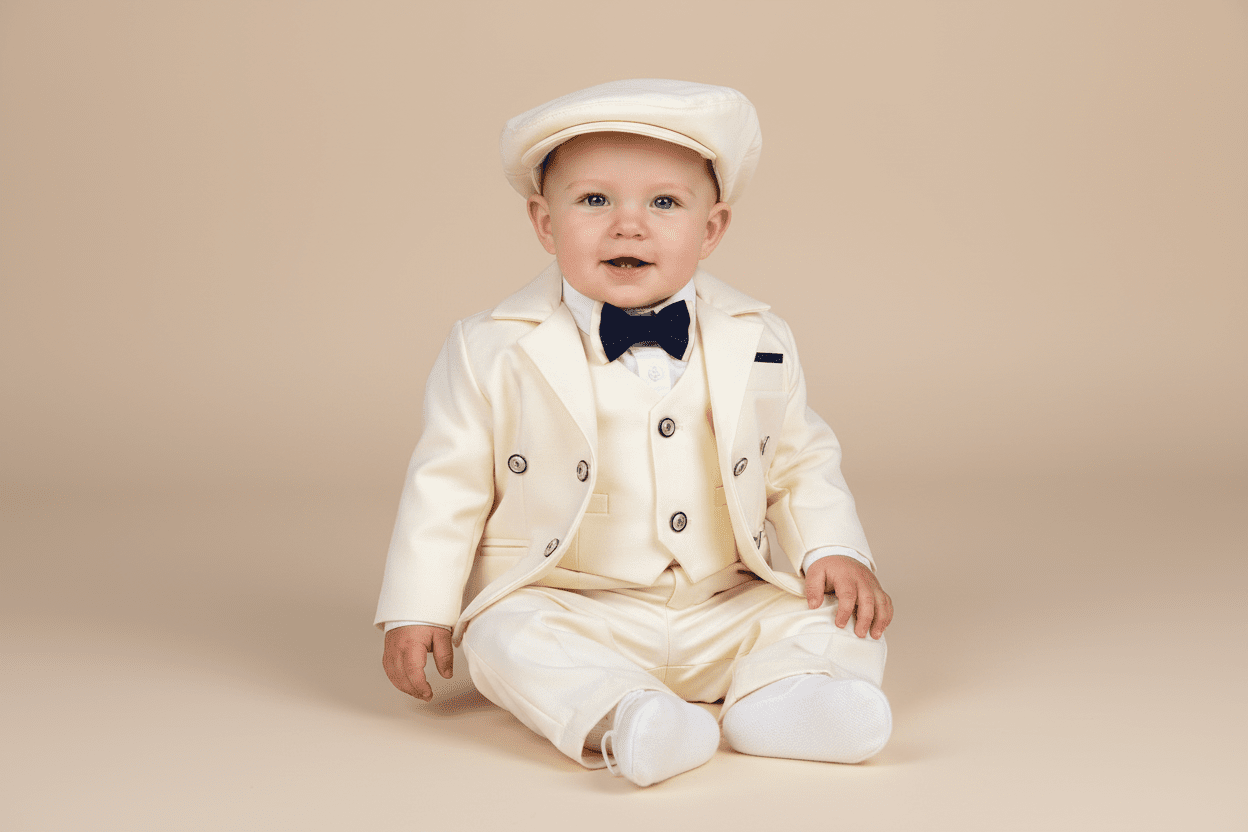 Costum elegant băiețel crem cu papion bleumarin și beretă asortată - Kids Magazin