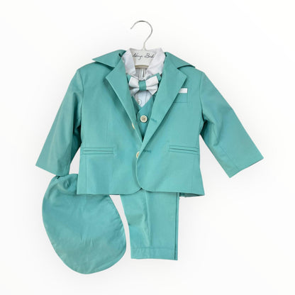 Costum elegant băiețel verde mentă cu papion și beretă asortată - Kids Magazin