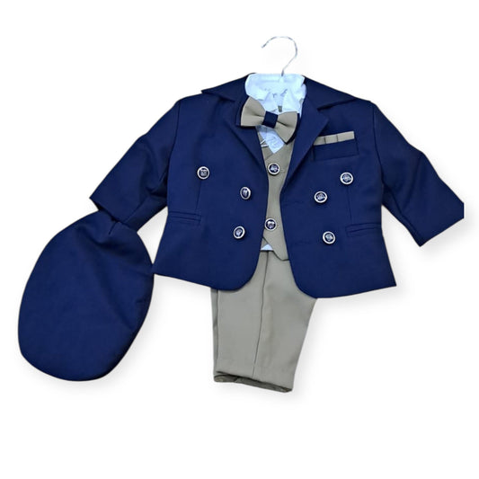 Costum elegant bebe crem cu sacoul albastru - Kids Magazin