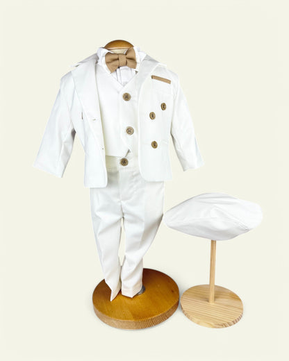 Costum elegant bebeluș Alb cu destalii Crem - Kids Magazin