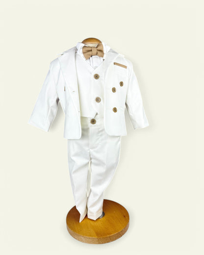 Costum elegant bebeluș Alb cu destalii Crem - Kids Magazin