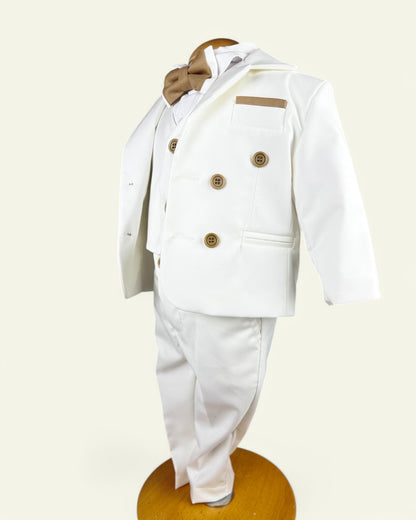 Costum elegant bebeluș Alb cu destalii Crem - Kids Magazin