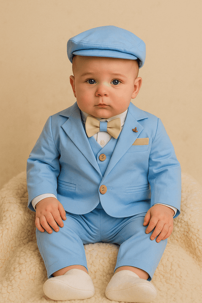 Costum elegant bleo cu detalii crem potrivit pentru bebeluș - Kids Magazin