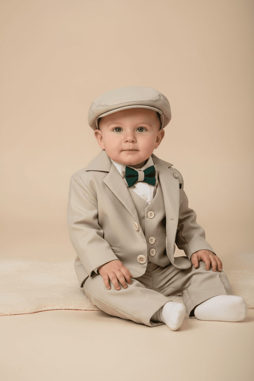 Costum elegant crem cu detalii verzi potrivit pentru bebeluș - Kids Magazin